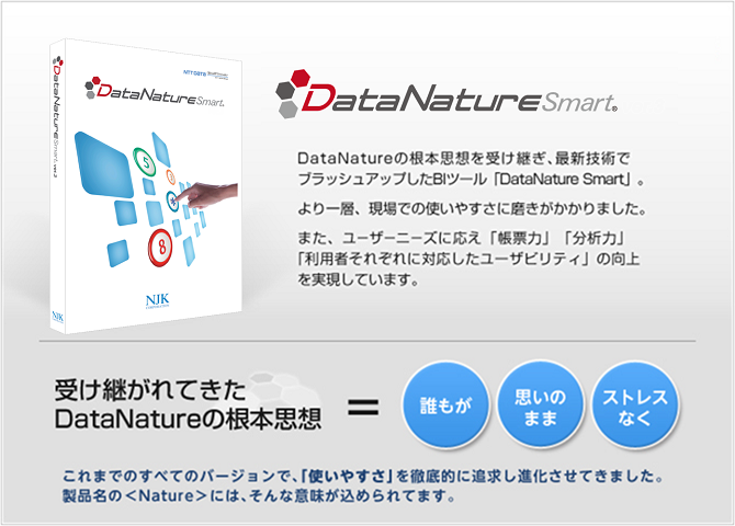 受け継がれてきたDataNatureの根本思想、誰もが、思いのまま、ストレスなくを最新技術でブラッシュアップ。ユ－ザ－ニ－ズに応え、帳票力、分析力、利用者それぞれに対応したユ－ザビリティの工場を実現しています。